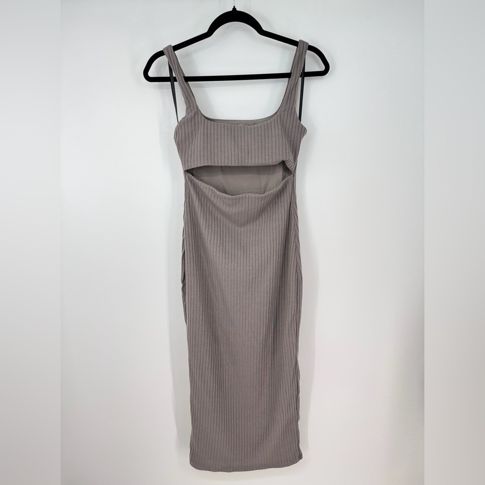 Hours Ribbed Front Cutout Square Neck Tanktop Strap Midi Dress